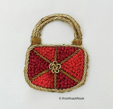 Hand Embroidered Handbag Applique In Red and Antique Gold Zardozi Embroidery, Appliqué Patch, Bag Applique
